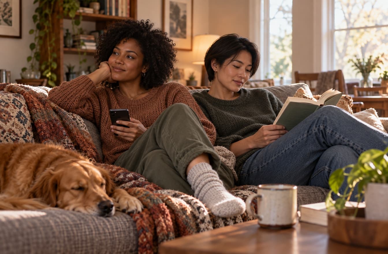 Two women relaxing together on a sofa, one holding a phone while the other reads a book.