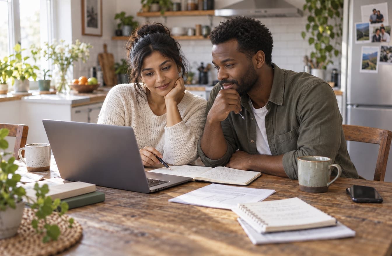 A woman and a man reviewing a laptop and notebooks together at a kitchen table.
