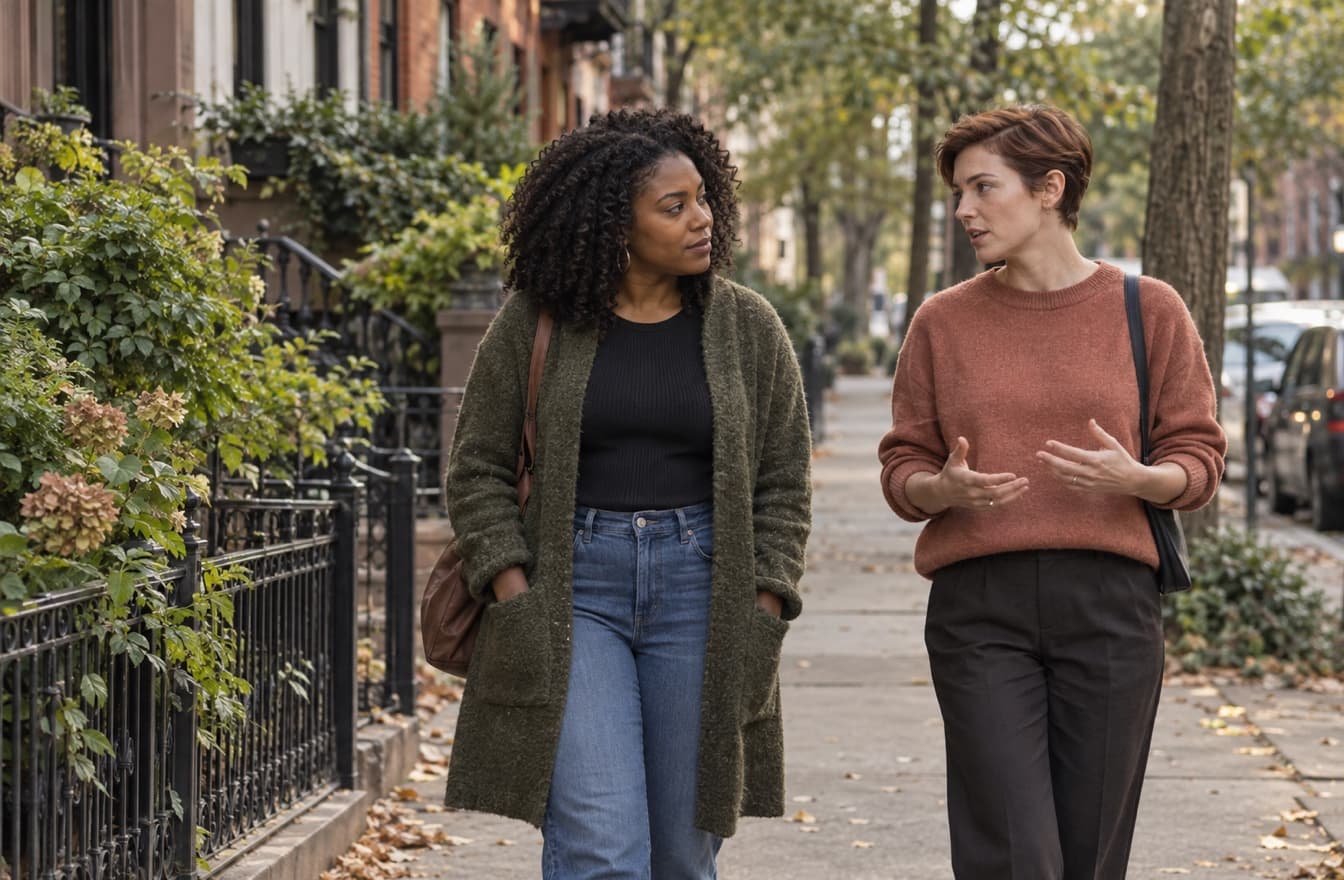 Two women walking side by side on a leafy urban sidewalk during a thoughtful conversation.
