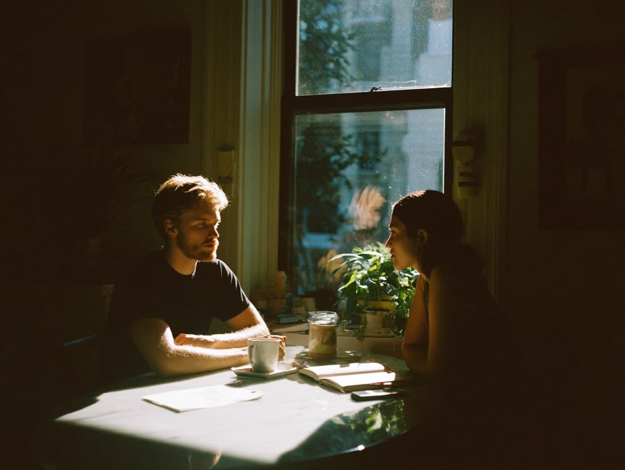 Couple discussing unresolved arguments and communication patterns.