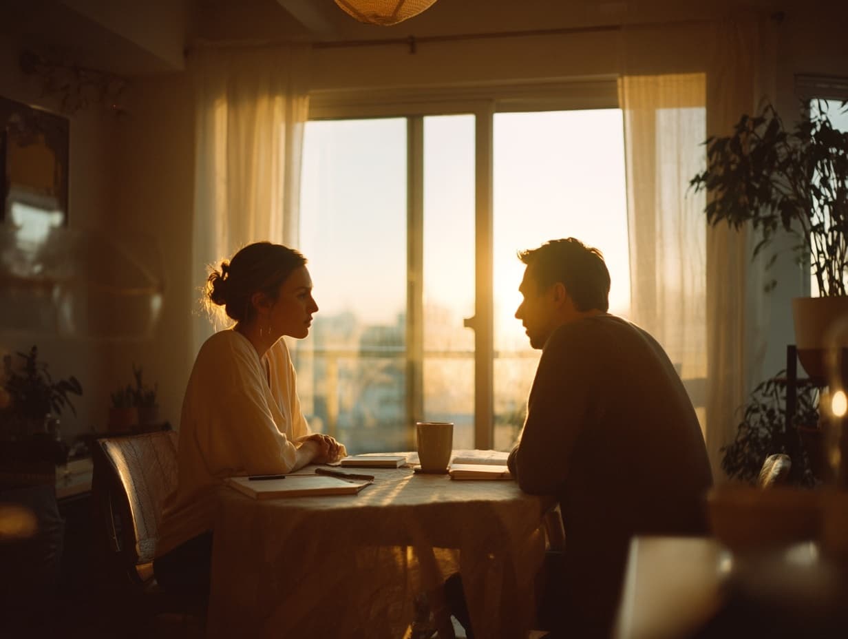 Couple discussing compatibility questions before marriage.