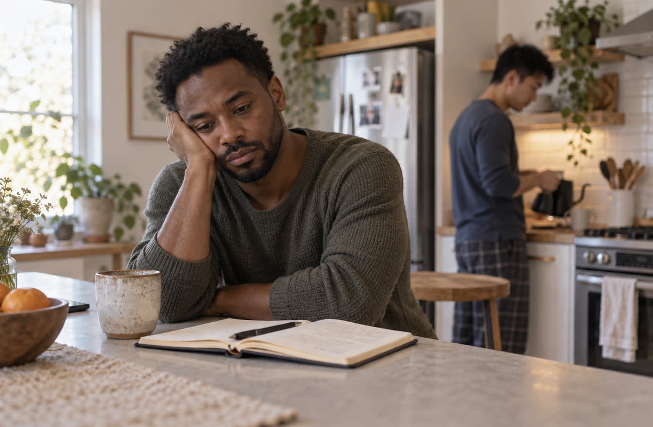 A thoughtful man sitting beside an open notebook while another man prepares tea in the kitchen behind him.