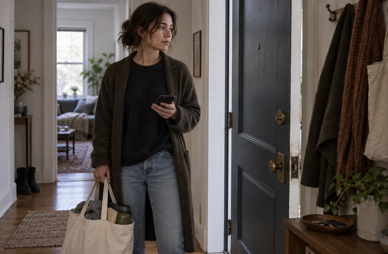 A person stands near an apartment doorway with a packed tote bag and phone while considering a difficult relationship decision.