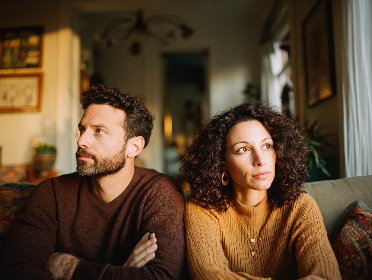 Couple sitting apart on a couch after conflict, preparing to reconnect.