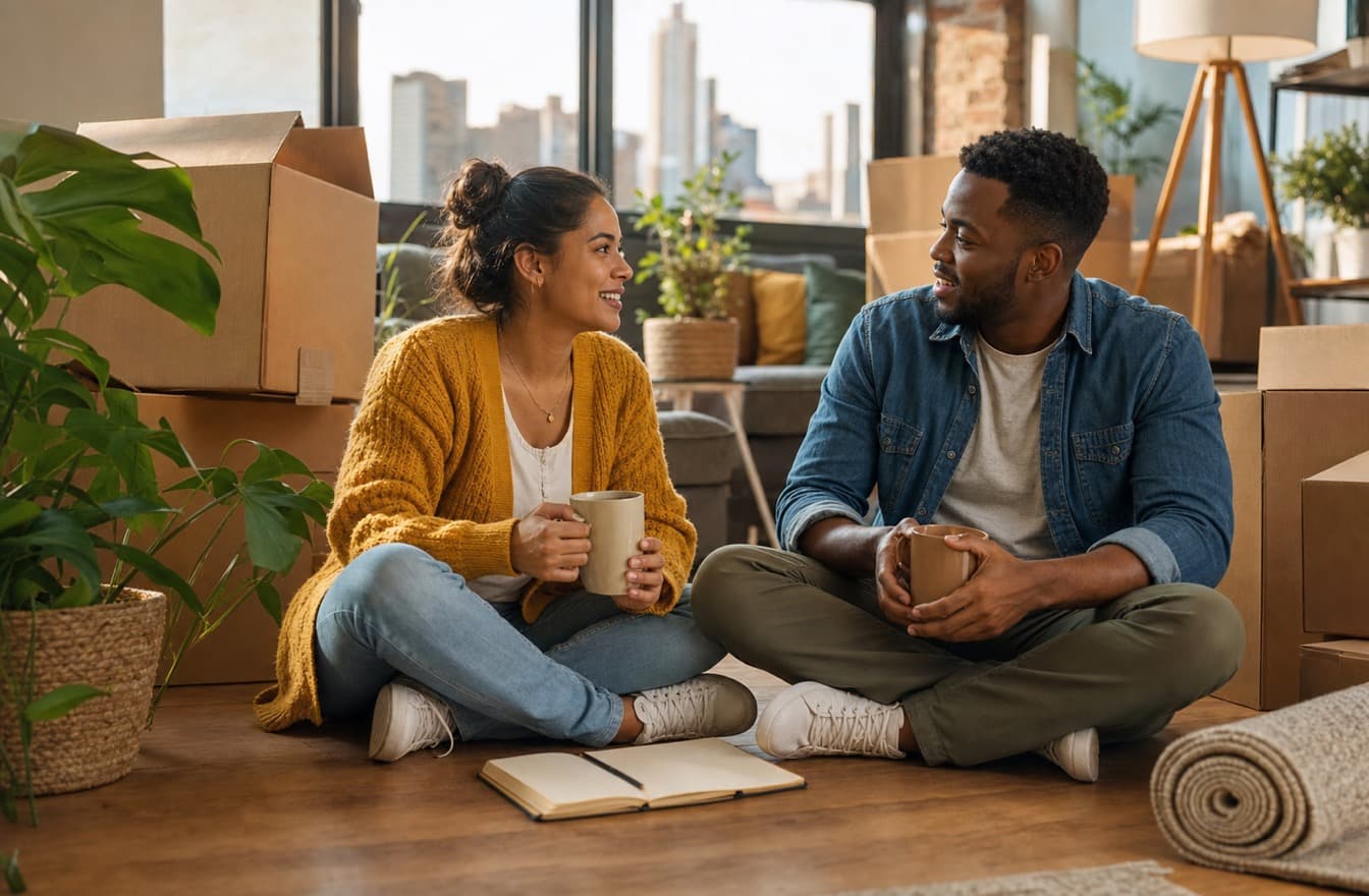 Couple discussing questions before moving in together with boxes nearby.