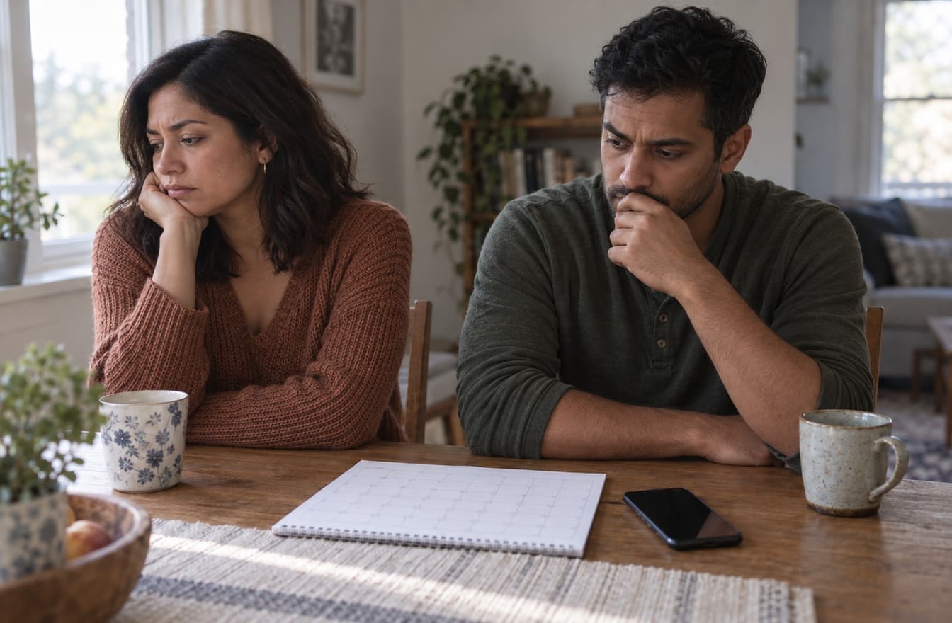 A woman and a man sitting thoughtfully at a table with a calendar notebook and phone between them.