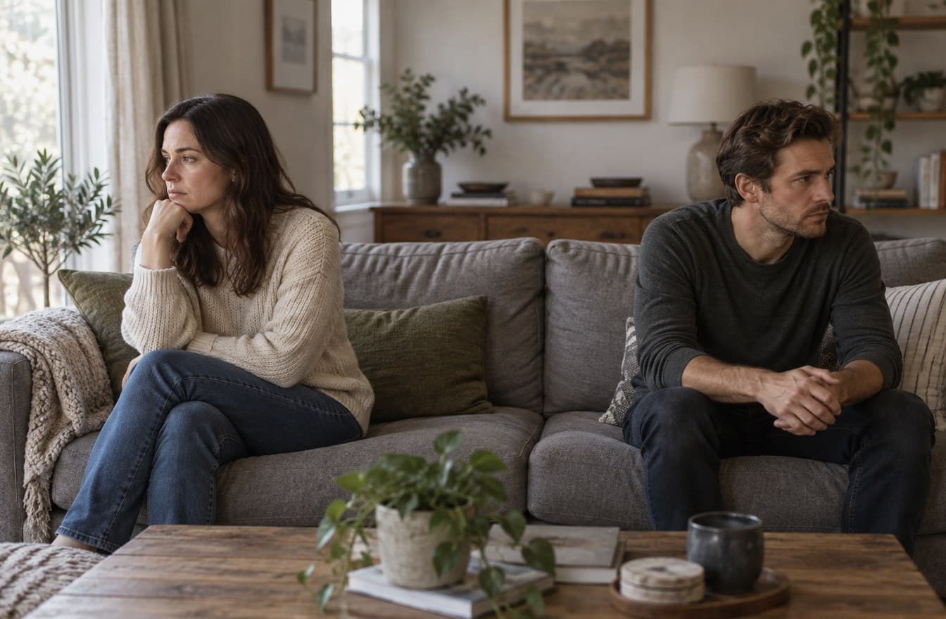 A couple sitting apart on a living room couch after a tense conversation, with soft window light and quiet body language.