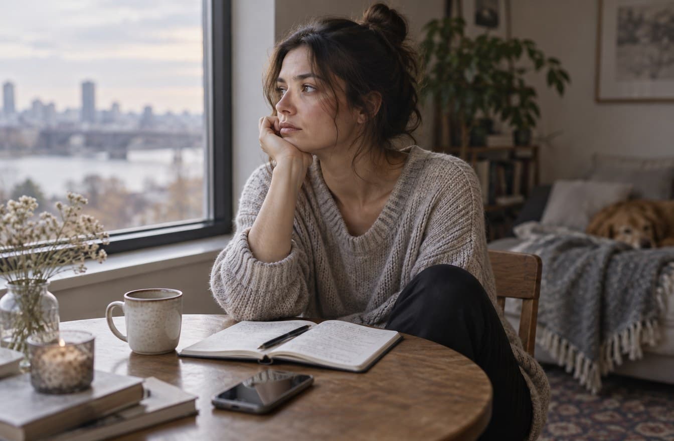 A person sitting alone near a window beside a table with a notebook and phone, reflecting on a difficult relationship decision.