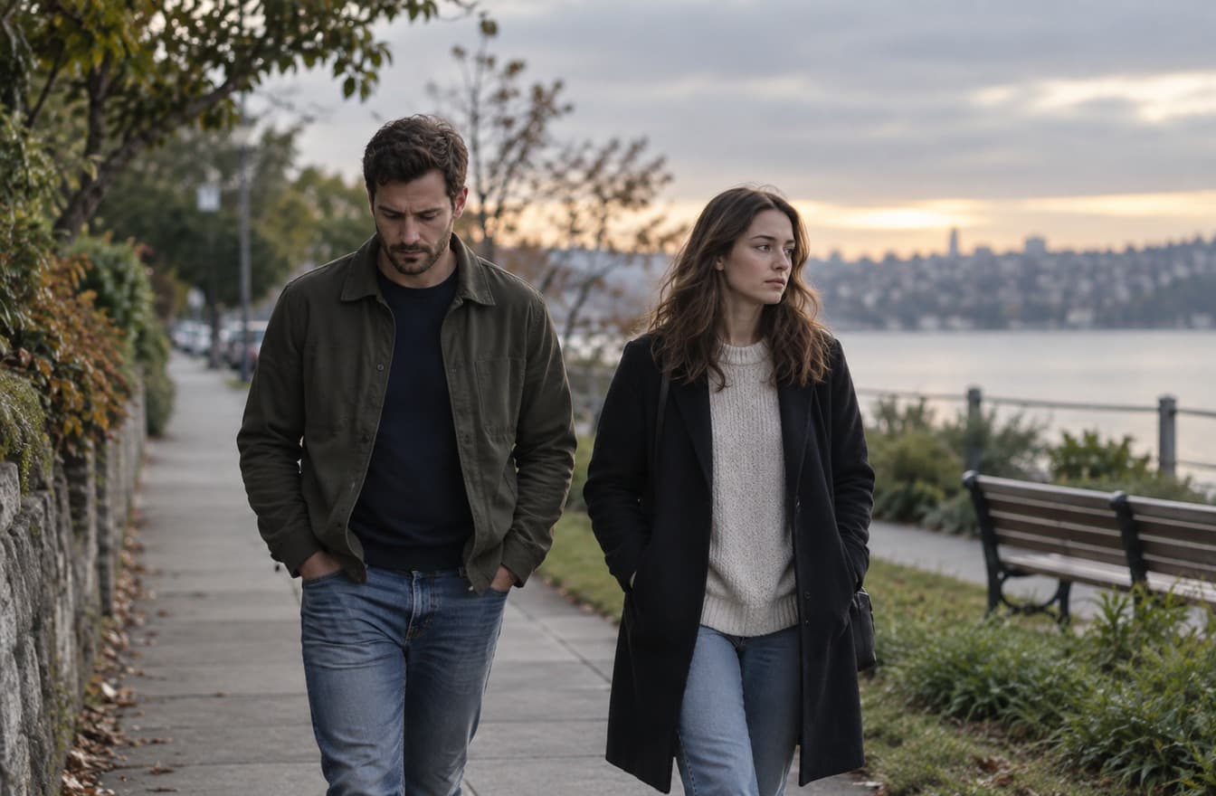 A couple walks slowly on a quiet sidewalk after a serious conversation about their future.