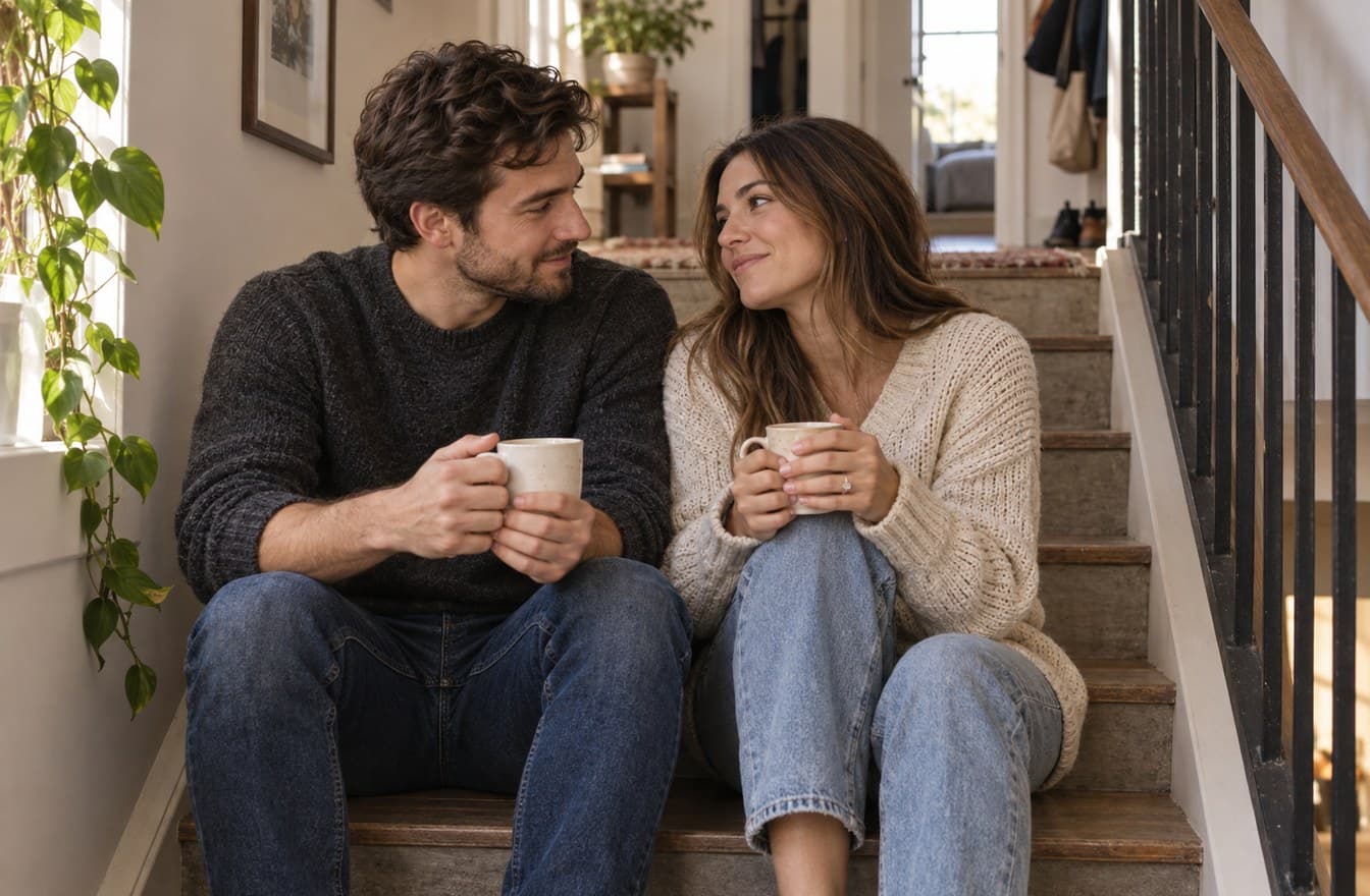 A couple sitting on apartment stairs with coffee cups, talking quietly in warm natural light.