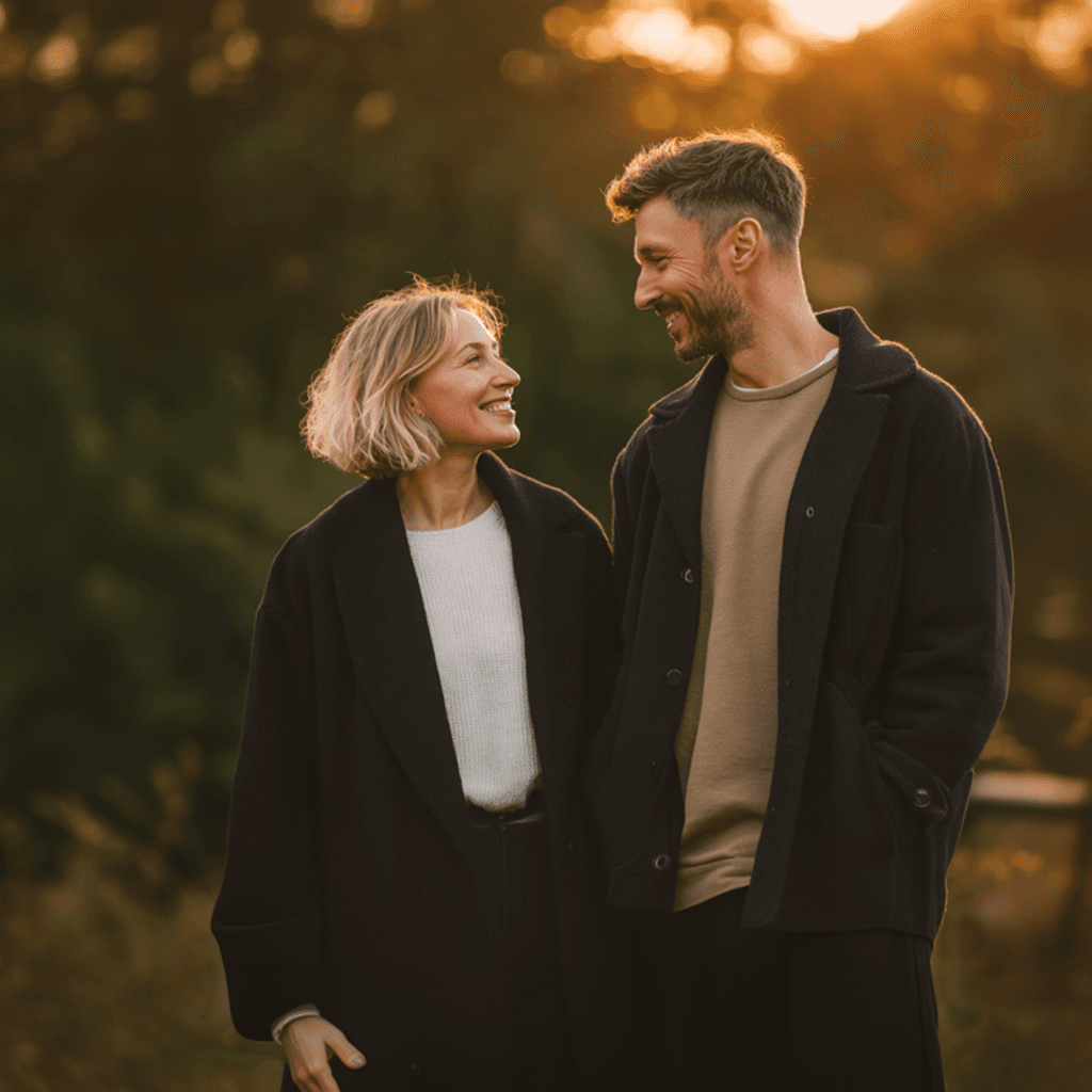 Couple sitting together in warm natural light