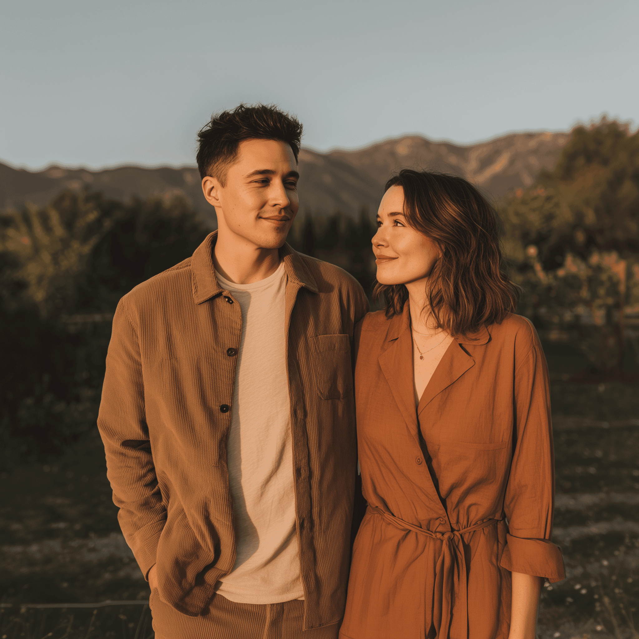 Couple smiling together in a mountain landscape