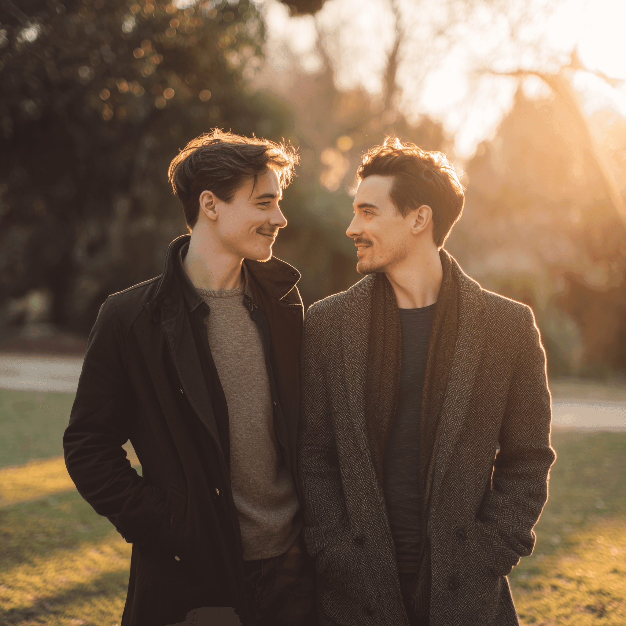 Two people smiling at each other in a sunlit park