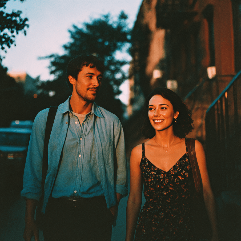 A couple walking together on a city sidewalk at golden hour