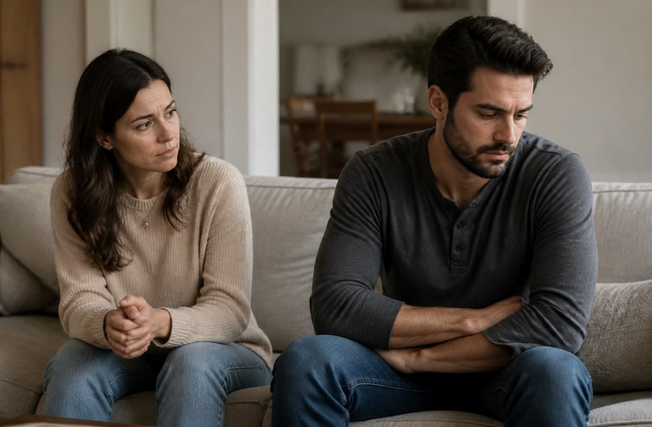 A couple sitting apart on a couch after a difficult conversation, both looking sad but not hostile.