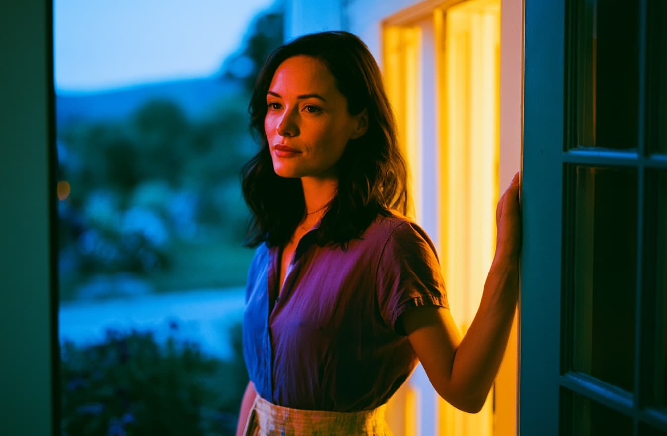 Person standing in a doorway at dusk, one hand on the frame, looking outward with a calm but uncertain expression.