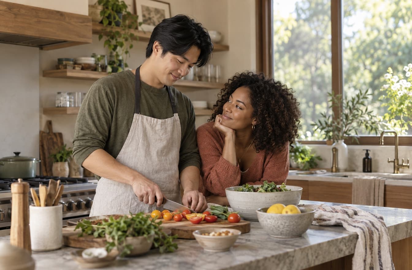 An East Asian man and a Black woman cooking together in a bright kitchen.