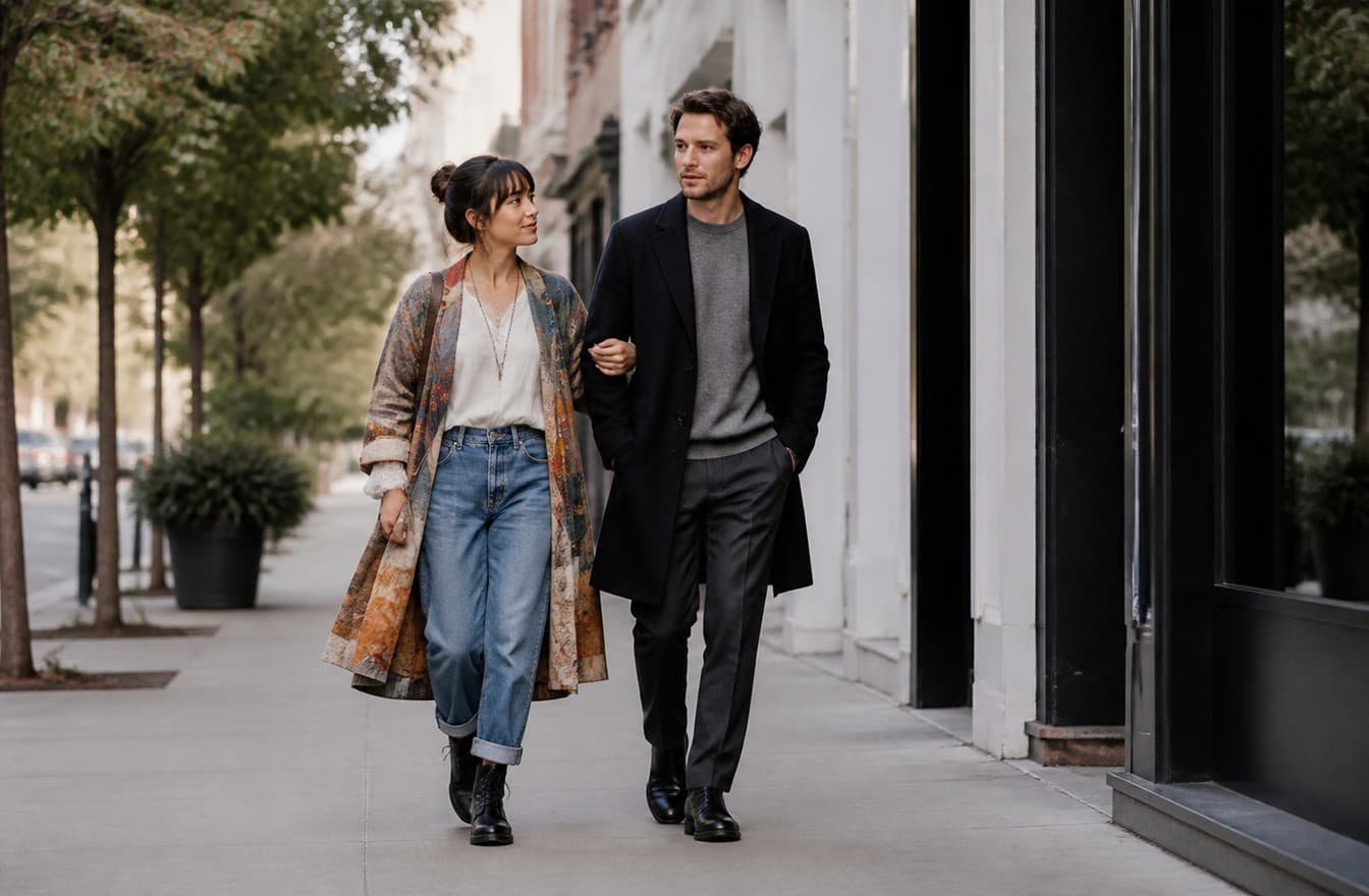 A couple with contrasting styles walking side by side on a quiet city sidewalk in soft afternoon light.
