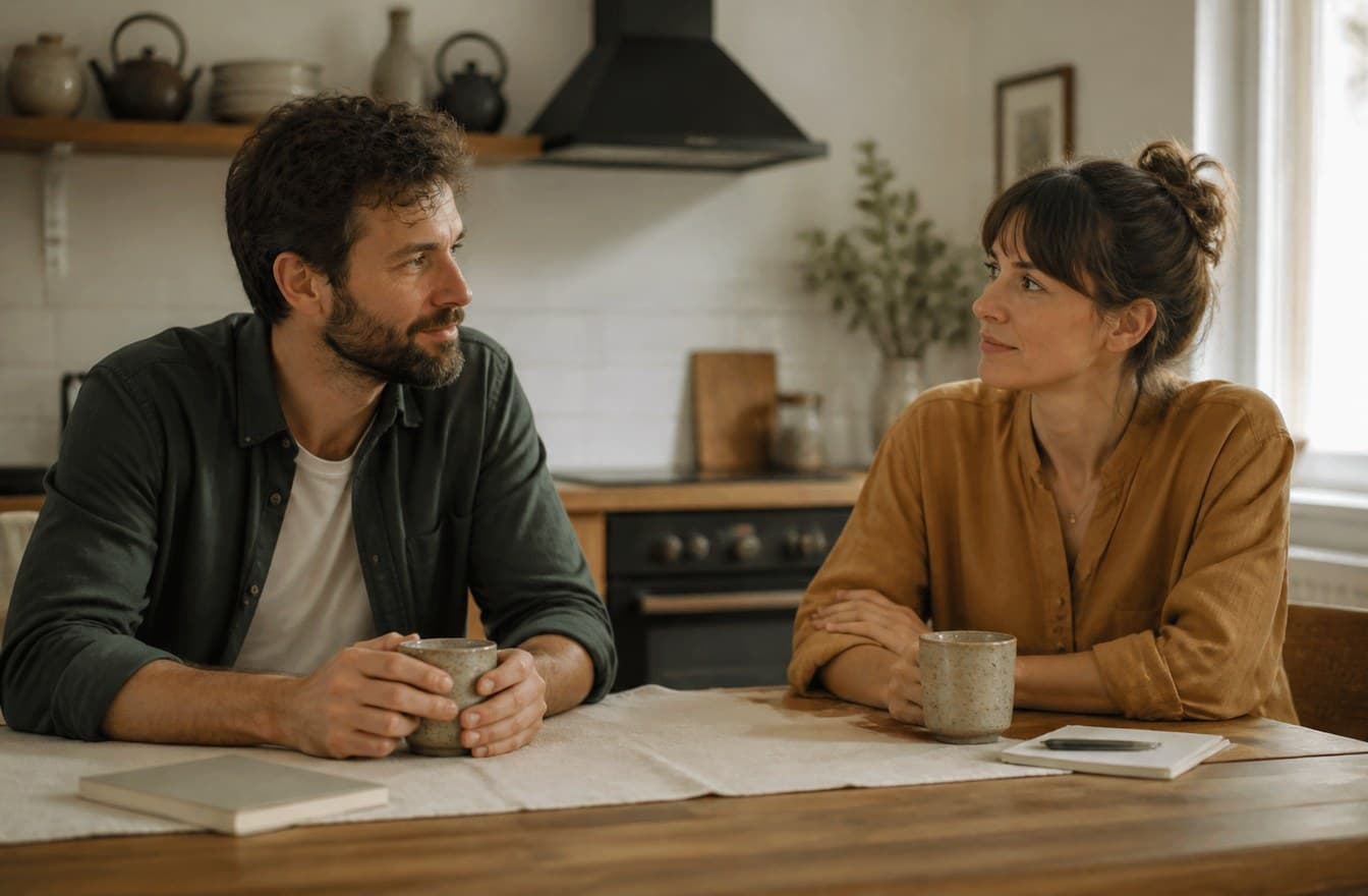 A couple sitting at opposite ends of a kitchen table in soft morning light, looking thoughtful but calm.