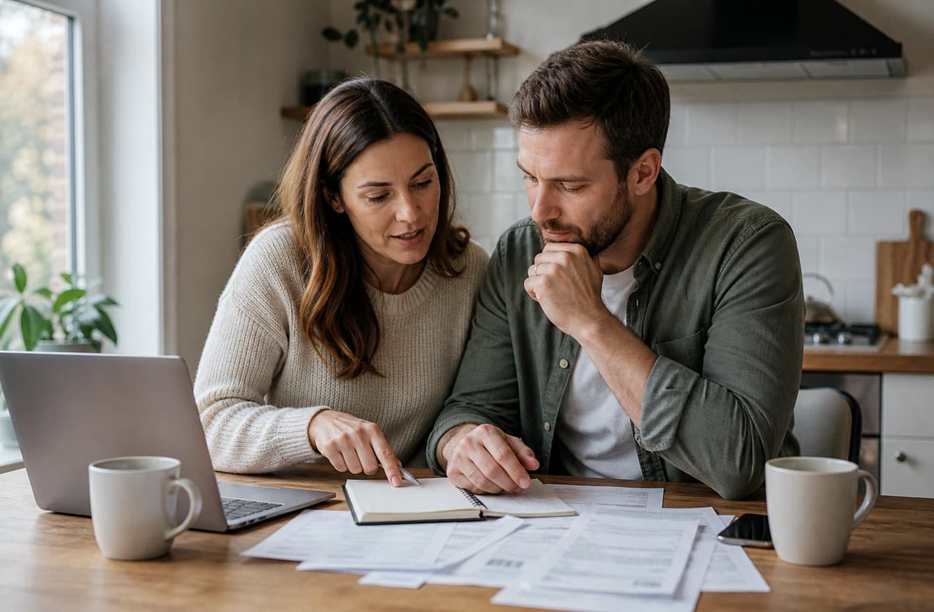 A couple sitting at a kitchen table with a laptop, notebook, bills, and mugs while calmly discussing finances in soft natural light.