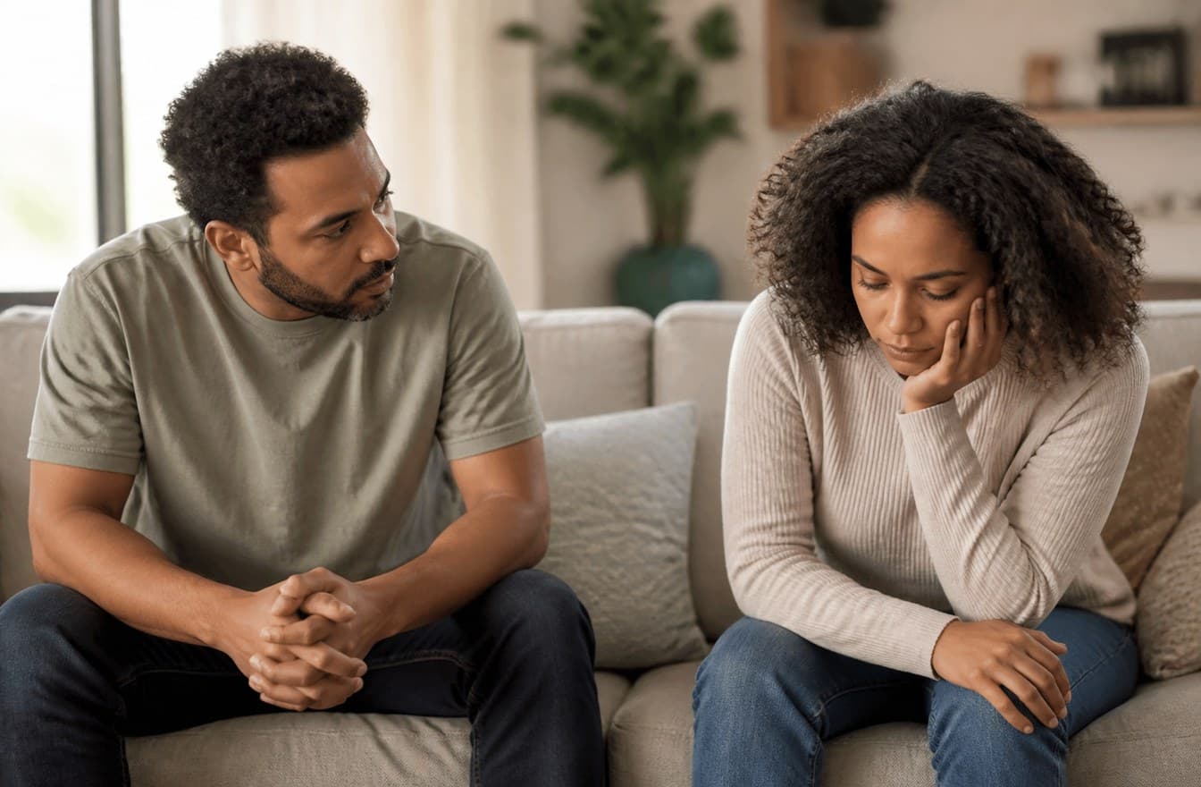 A couple in a living room during a quiet disagreement, one leaning forward and one looking down, with soft natural light.