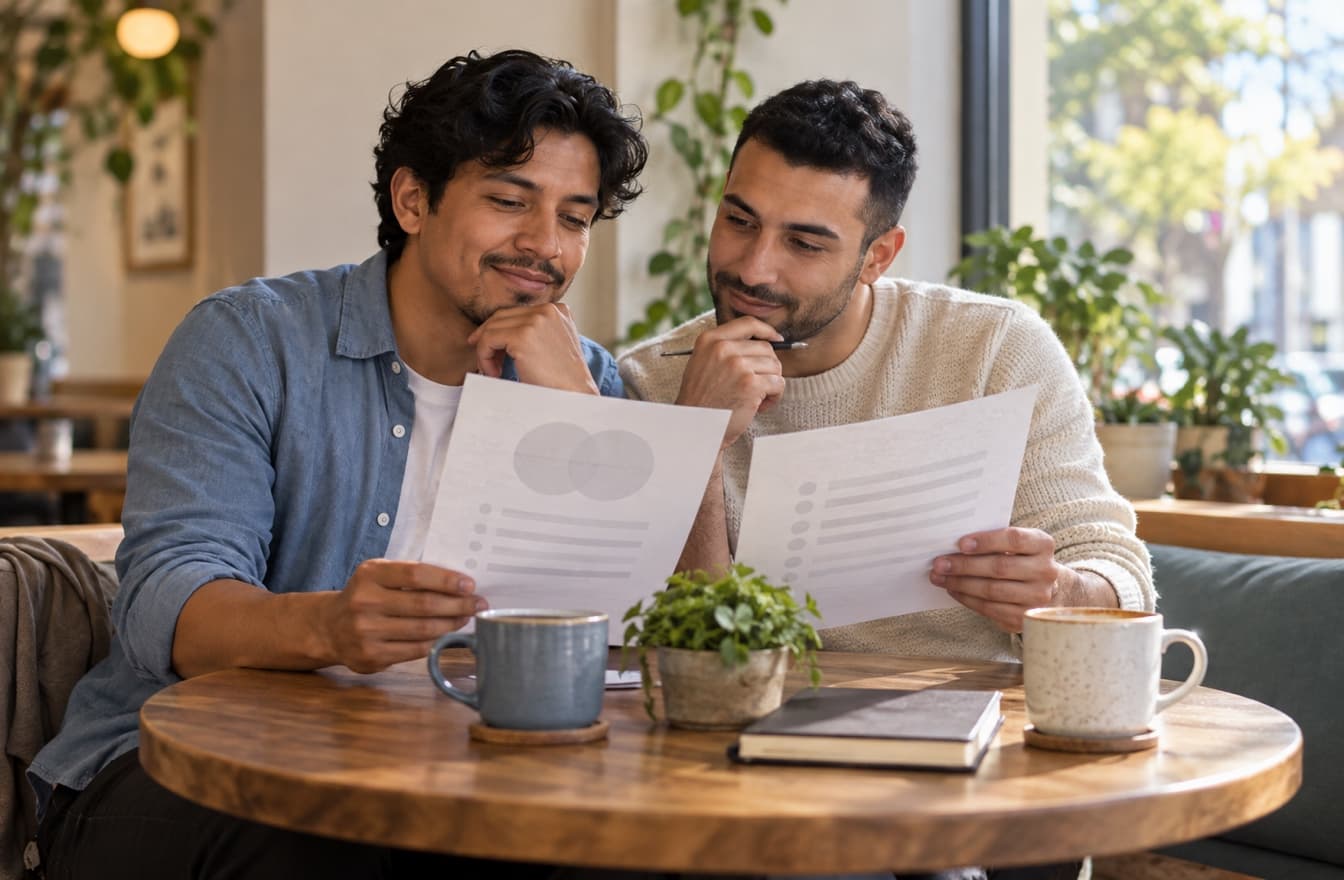Two men comparing relationship notes at a cafe table during a focused conversation.