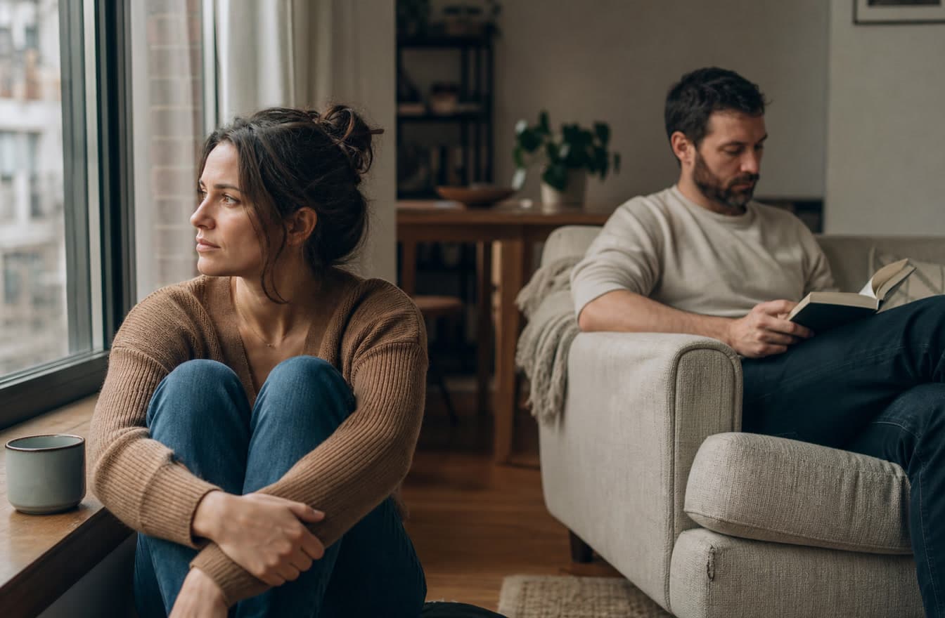 A thoughtful person sitting near a window while their partner reads nearby, both calm but emotionally distant in a quiet apartment.