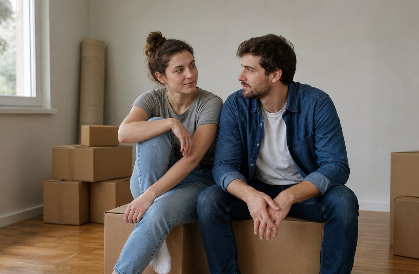 A couple sitting on moving boxes in an unfurnished apartment, looking at each other with cautious warmth.