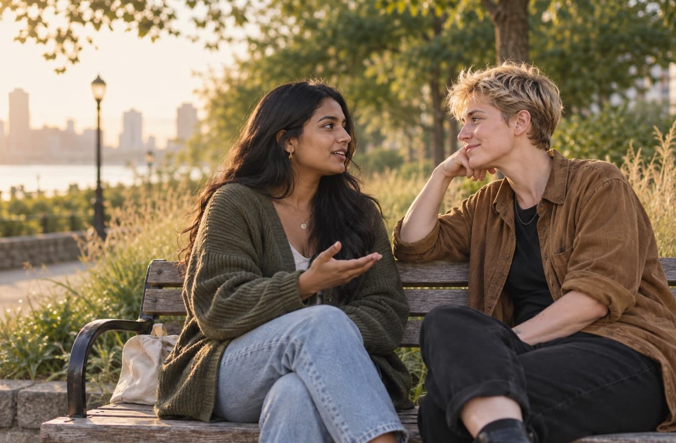 Two partners sitting together on a park bench during a quiet conversation.