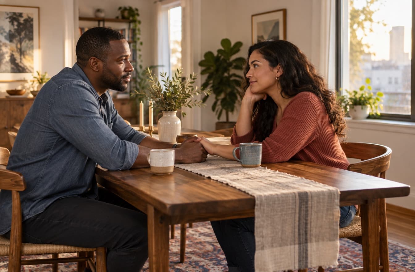 Two partners listening to each other at a table with mugs during a serious conversation.