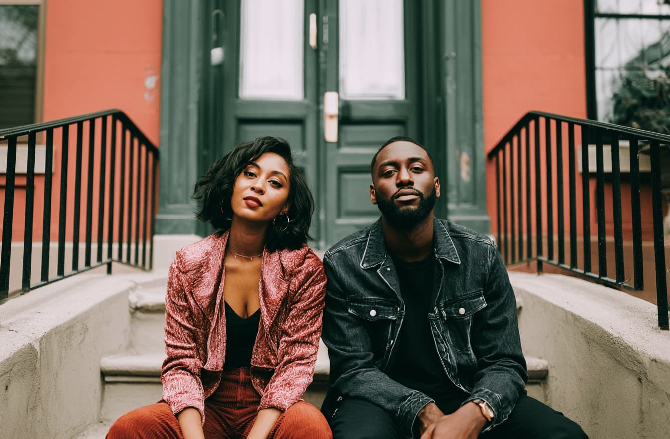 Couple sitting side by side on a brownstone stoop, both looking forward with calm, serious expressions, physically close but gazes not quite aligned.