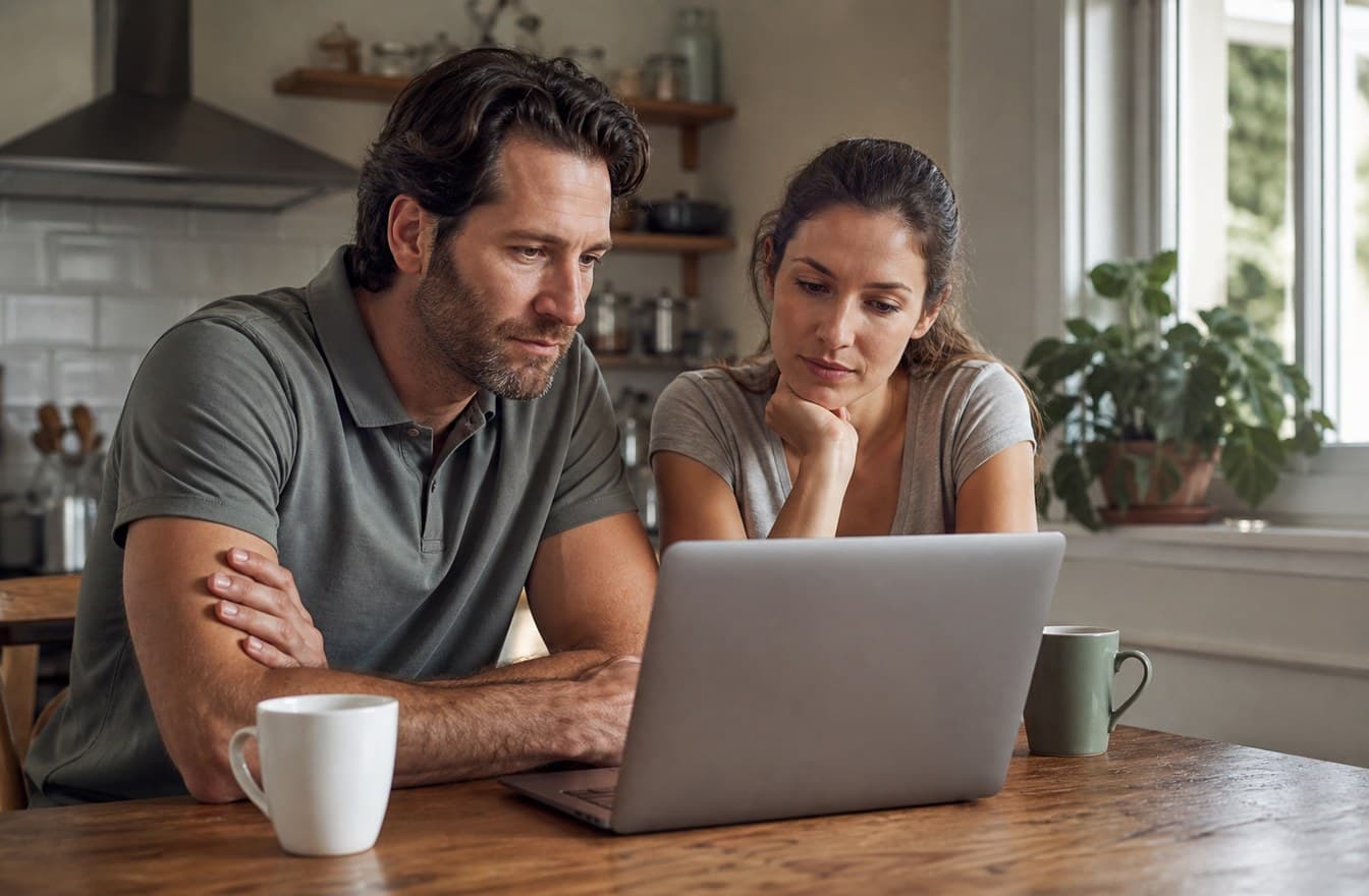 A couple looking at a laptop together at a small kitchen table, calm and focused, in natural window light.