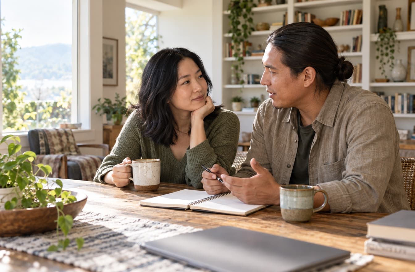 A couple reviewing notebooks together at a wooden table with mugs.