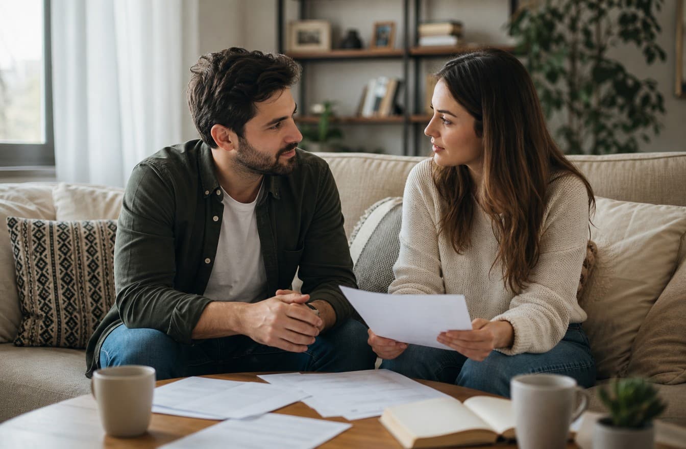 A couple sitting on a living room sofa with printed notes between them, talking thoughtfully in soft natural light.