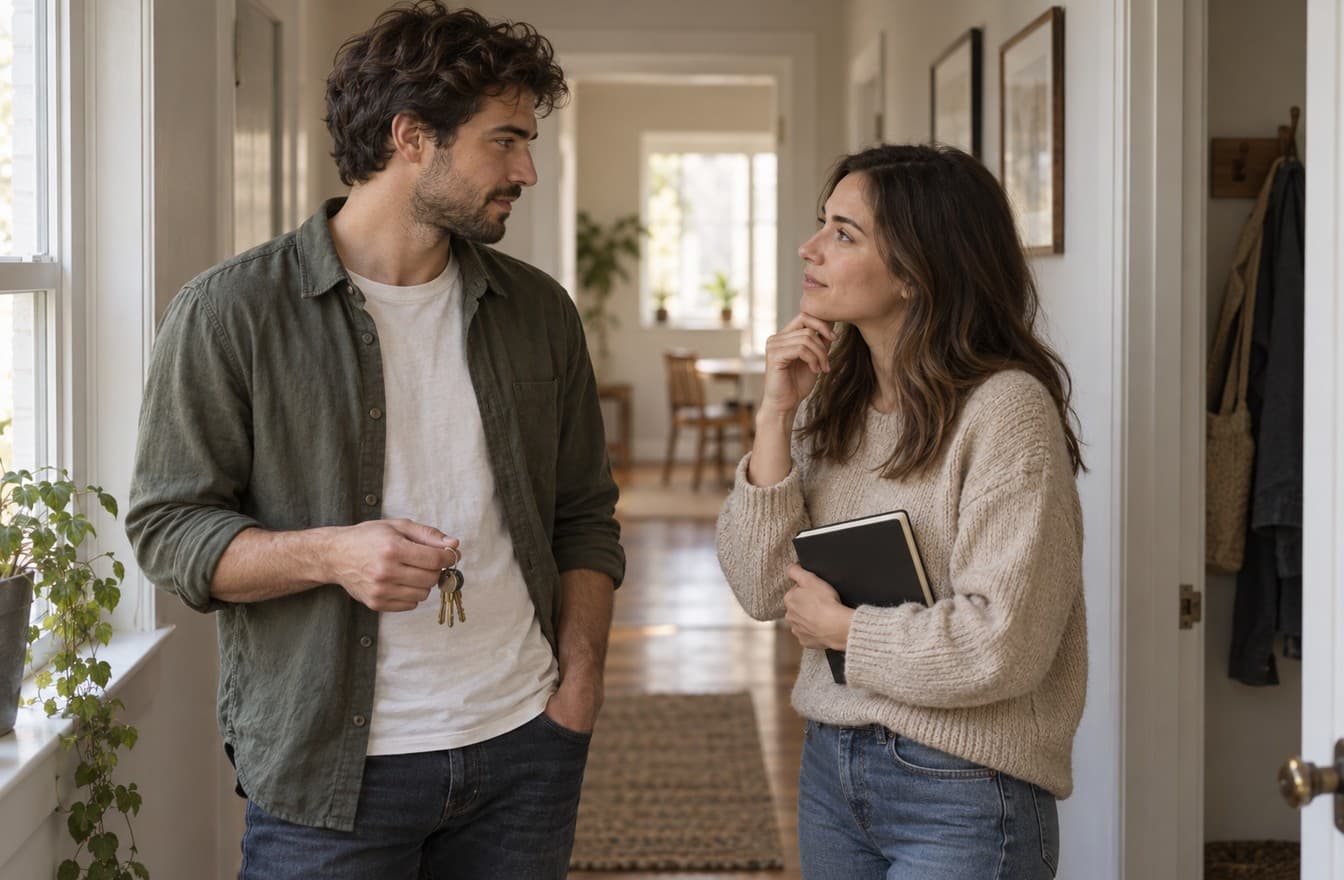 A couple in an apartment hallway holding keys and a small notebook during a thoughtful conversation.