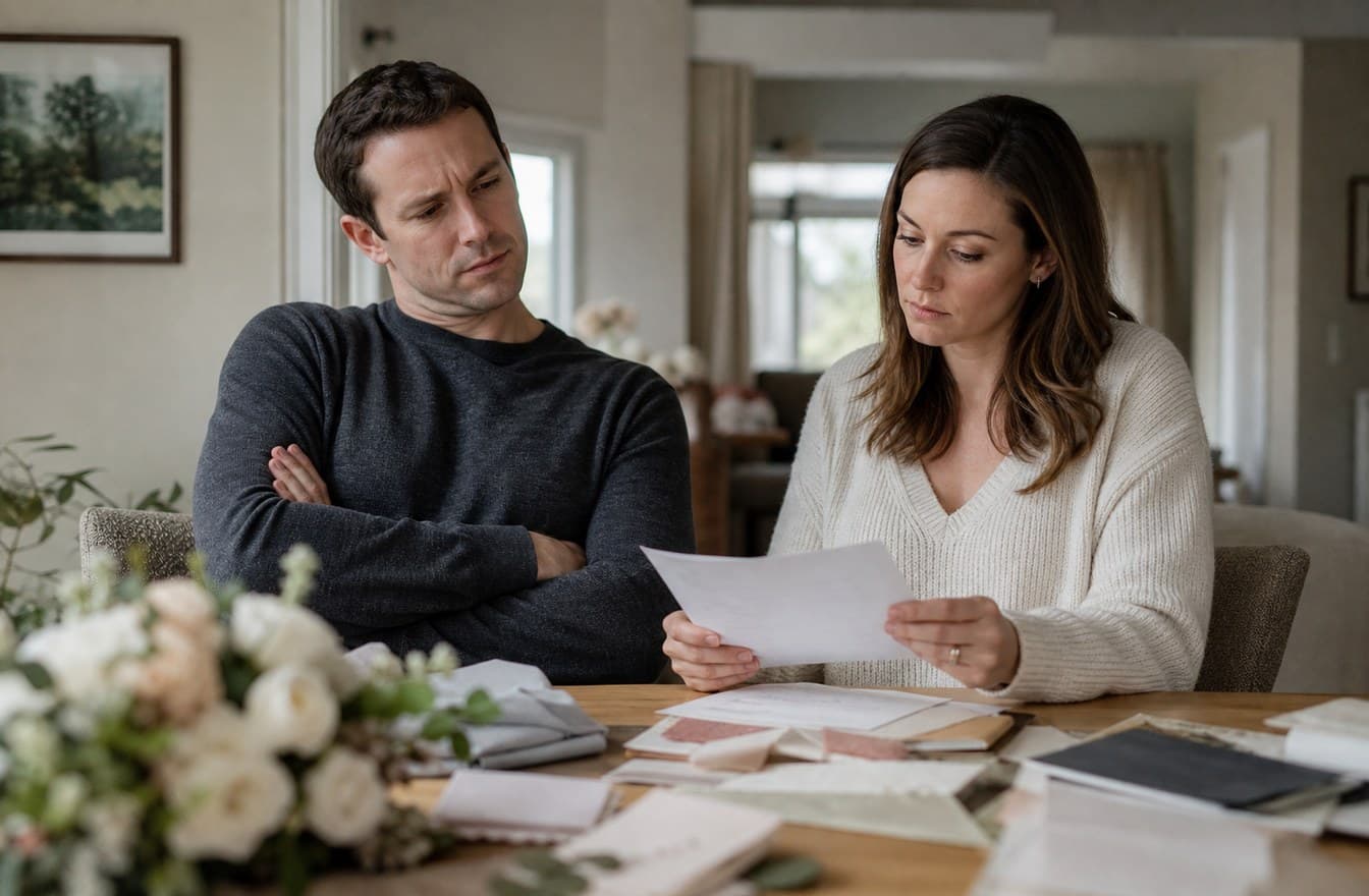 A couple reviewing papers at a dining table, tense but composed, with wedding planning items blurred nearby.