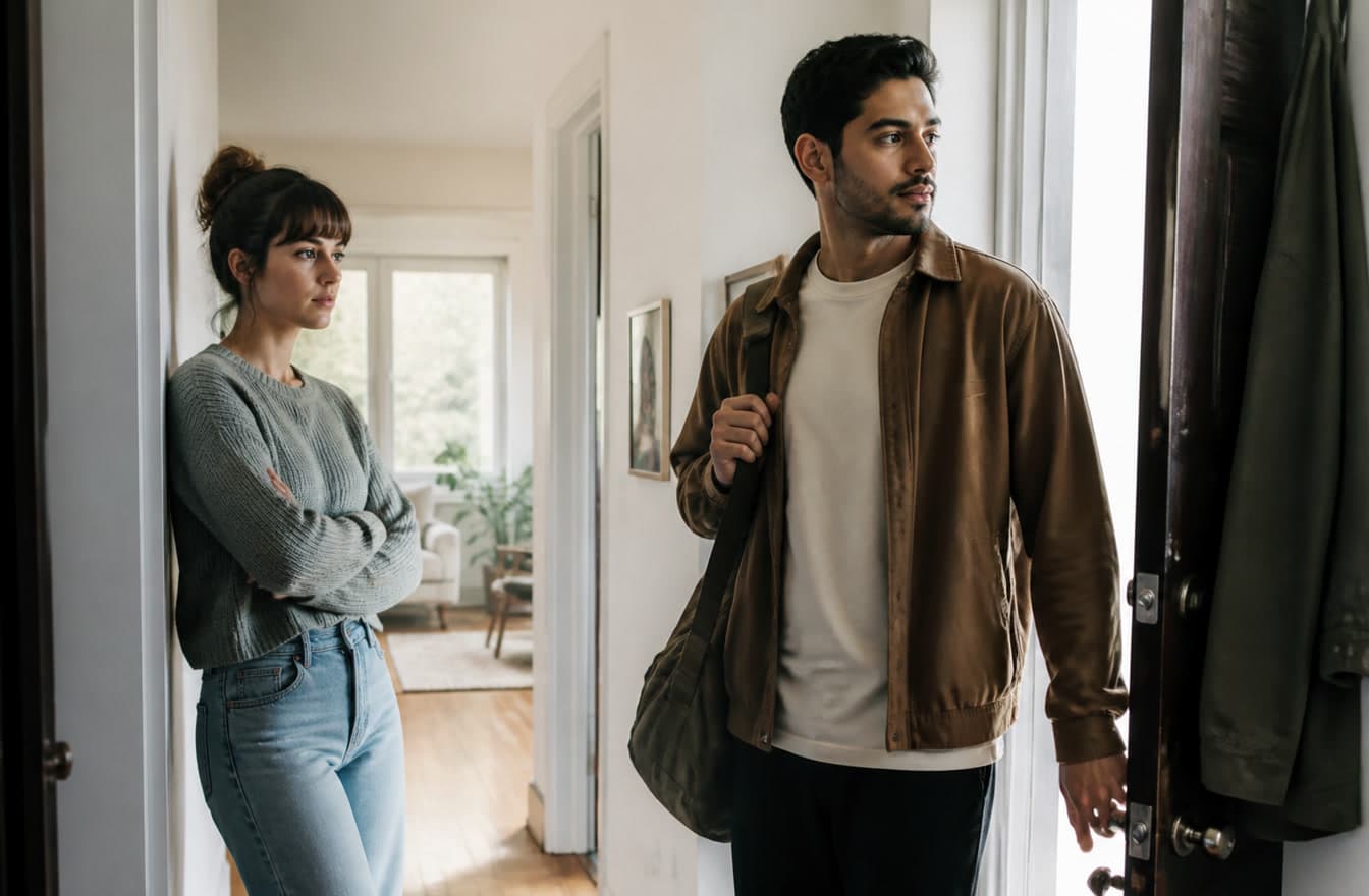 A person standing at an apartment doorway with a partner nearby, both thoughtful and calm as afternoon light enters the hall.