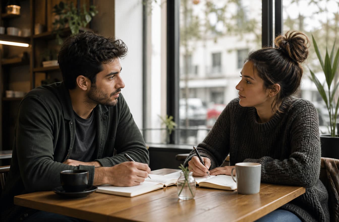 Two partners sitting across from each other at a small cafe table with notebooks, focused and calm in natural window light.