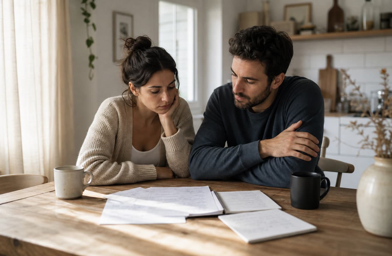 A couple sitting at a kitchen table in soft morning light, looking at notes together with calm but serious body language.