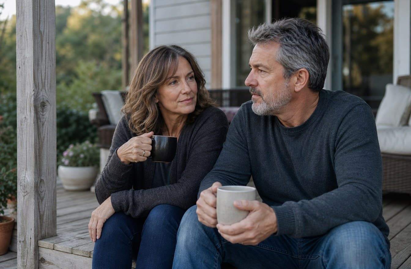 A middle-aged couple sitting on a porch with coffee, relaxed but serious, in soft afternoon light.