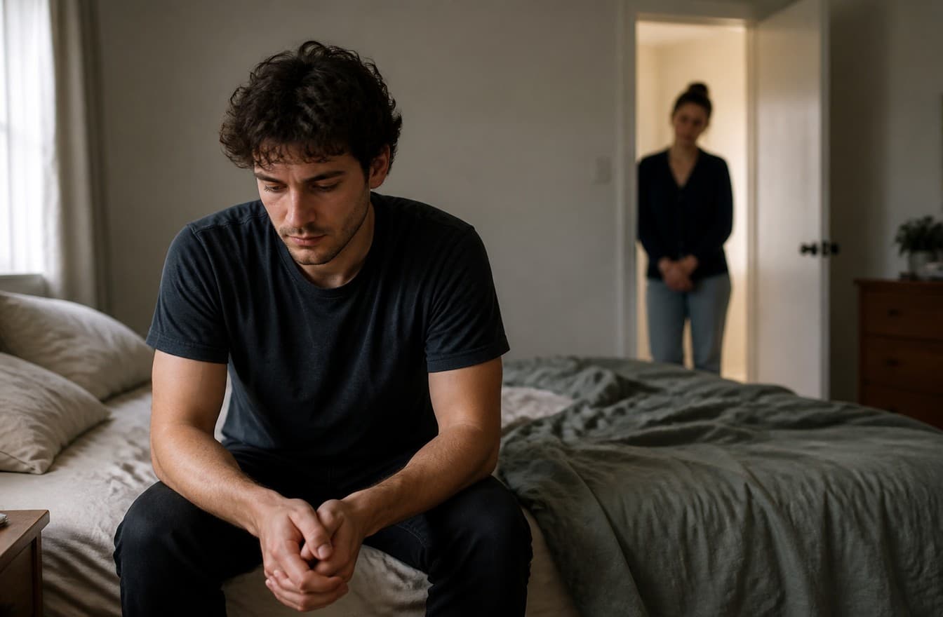 A person sitting alone on the edge of a bed while their partner is blurred in the doorway, with soft muted morning light.