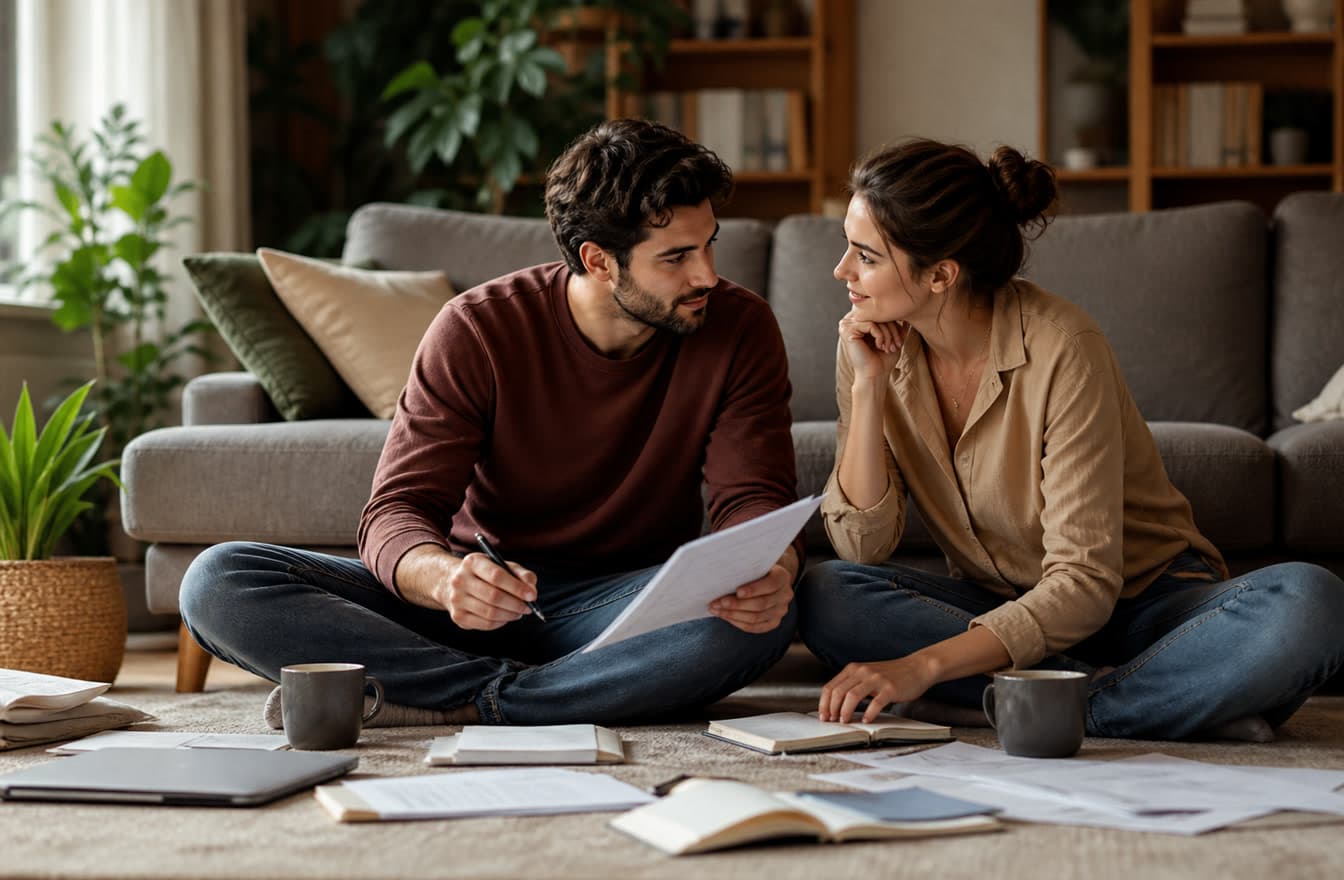A couple sitting on the floor of a living room with papers and coffee, calmly discussing future plans in soft afternoon light.