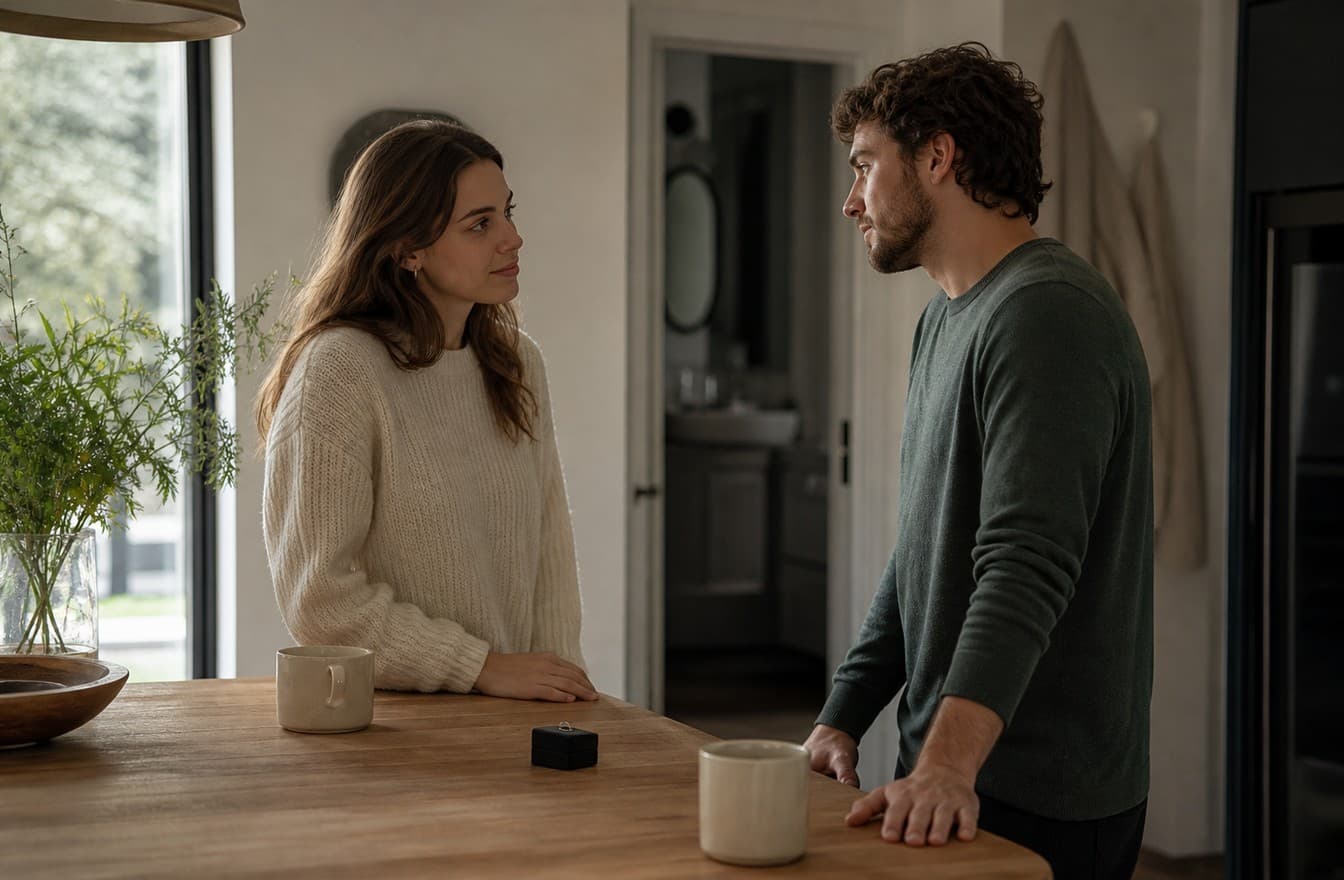 A couple standing near a kitchen island with a small ring box closed beside them, speaking quietly in natural morning light.