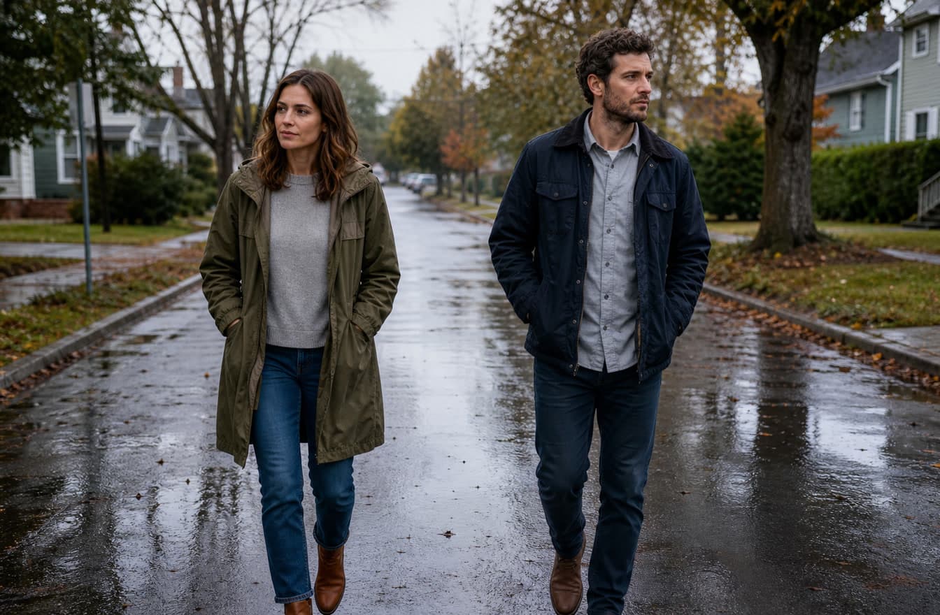 Two partners walking side by side on a quiet residential street after rain, relaxed but thoughtful in soft natural light.