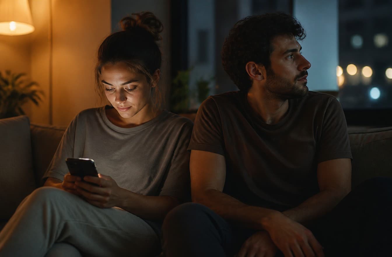Two people sitting close together on a couch at night, one looking at their phone while the other looks away thoughtfully.