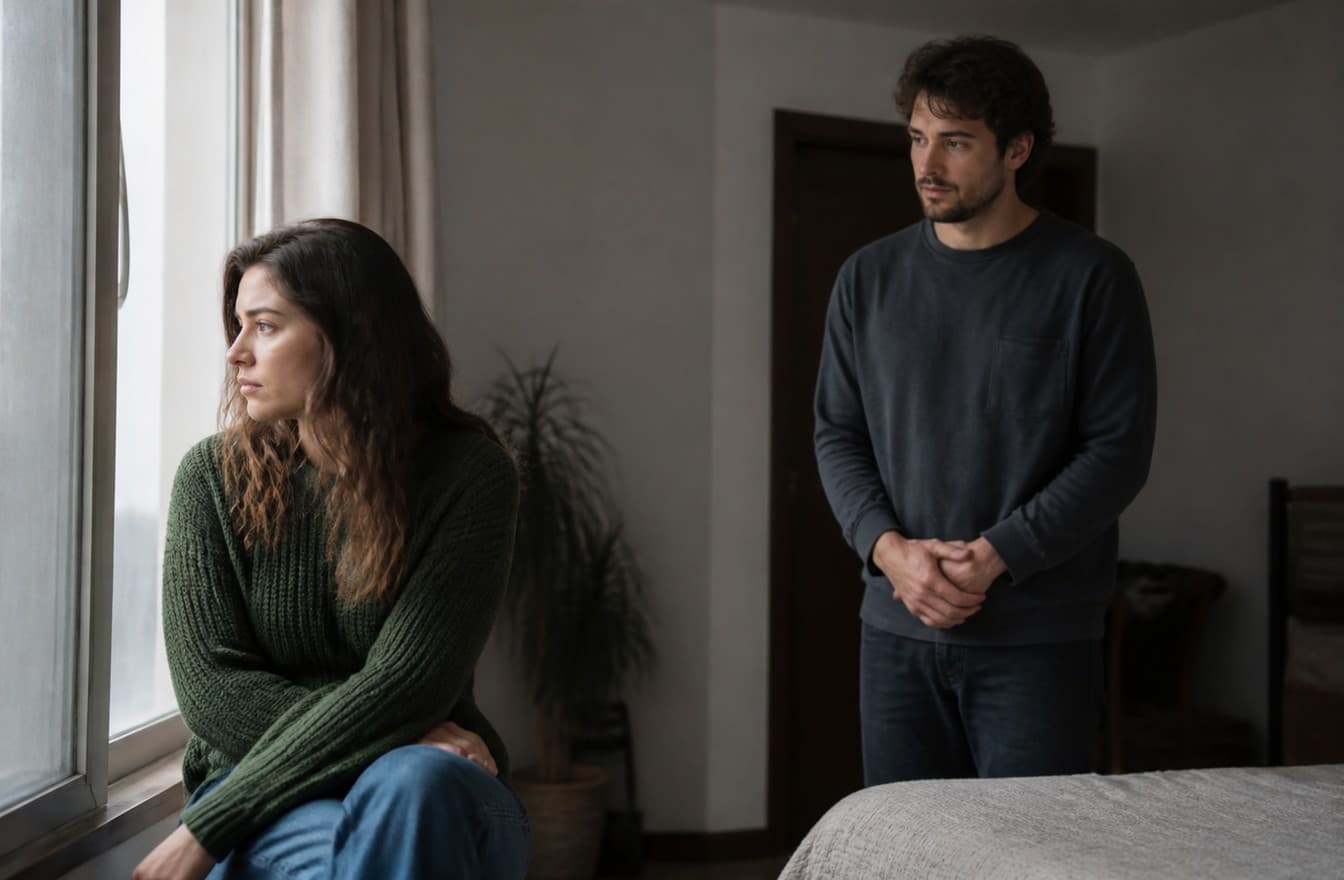 A couple in the same room after an argument, one seated quietly by a window and the other standing nearby with concerned body language.