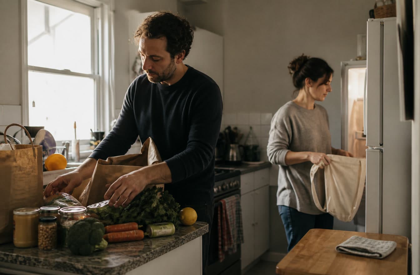A couple unpacking groceries in a small kitchen after a long day, sharing a quiet practical moment in soft evening light.