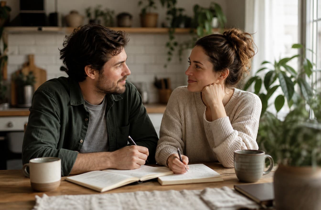 A couple sitting at a kitchen table with notebooks and coffee, talking calmly in soft window light.