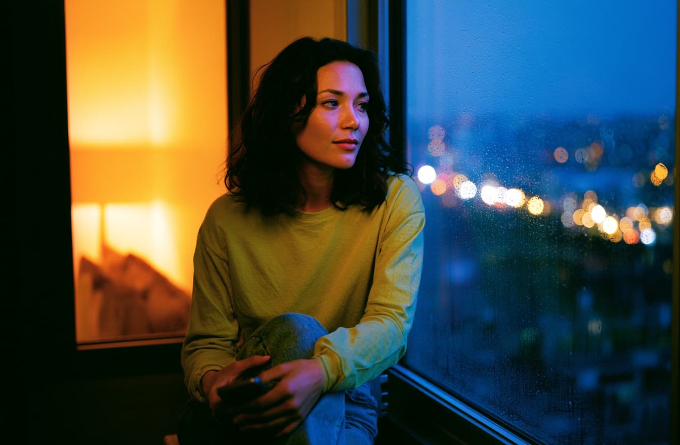 Person sitting alone at a window at dusk, holding a phone, expression unreadable, with city lights blurred in the background.