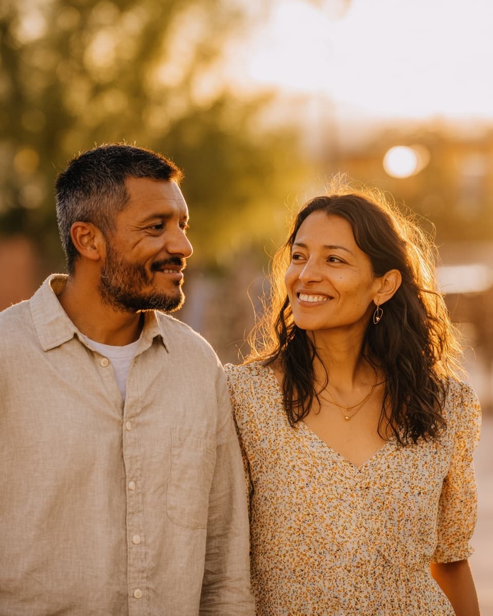 Couple walking together outdoors in warm evening light